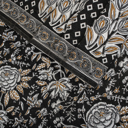 Sanskriti Vintage Saree Black 100% Pure Cotton Kalamkari Style Floral Printed Fabric 5+Yard Sari