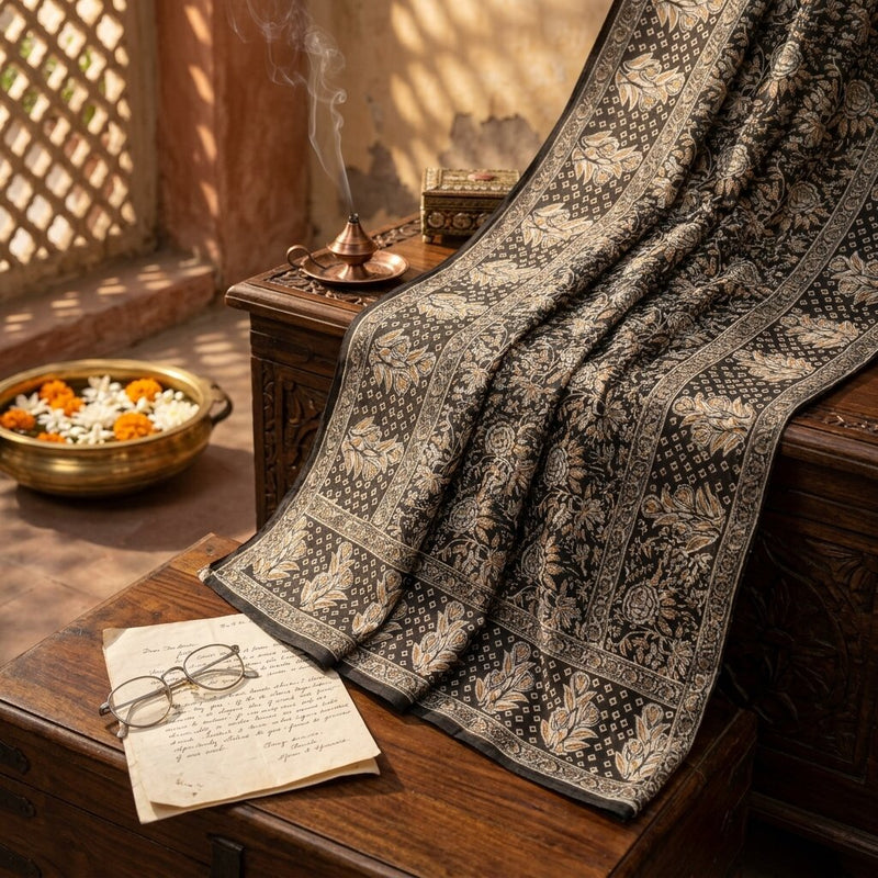 Sanskriti Vintage Saree Black 100% Pure Cotton Kalamkari Style Floral Printed Fabric 5+Yard Sari