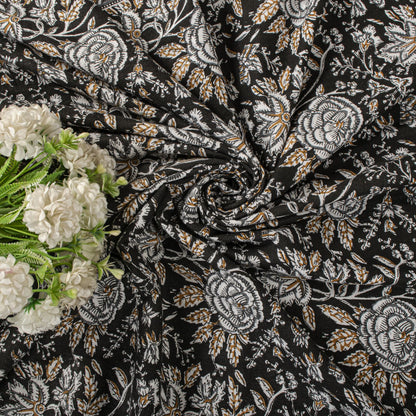 Sanskriti Vintage Saree Black 100% Pure Cotton Kalamkari Style Floral Printed Fabric 5+Yard Sari