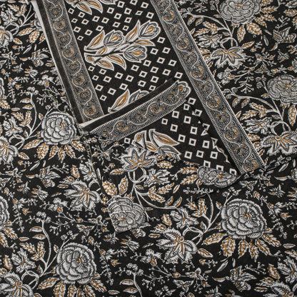 Sanskriti Vintage Saree Black 100% Pure Cotton Kalamkari Style Floral Printed Fabric 5+Yard Sari
