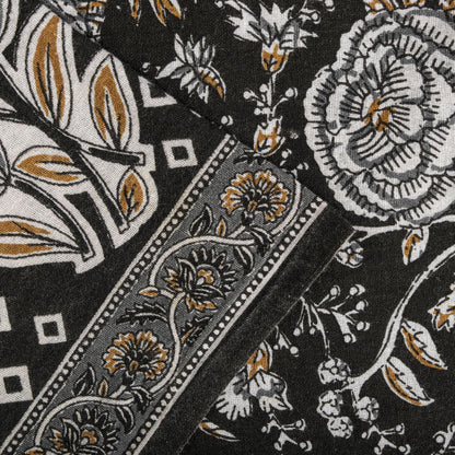 Sanskriti Vintage Saree Black 100% Pure Cotton Kalamkari Style Floral Printed Fabric 5+Yard Sari