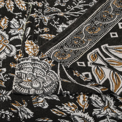 Sanskriti Vintage Saree Black 100% Pure Cotton Kalamkari Style Floral Printed Fabric 5+Yard Sari