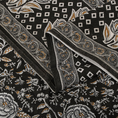 Sanskriti Vintage Saree Black 100% Pure Cotton Kalamkari Style Floral Printed Fabric 5+Yard Sari
