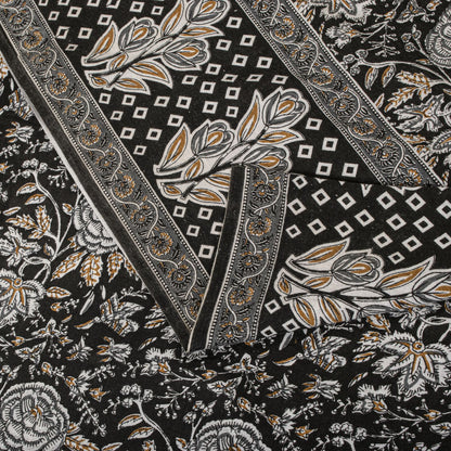 Sanskriti Vintage Saree Black 100% Pure Cotton Kalamkari Style Floral Printed Fabric 5+Yard Sari