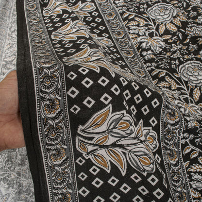 Sanskriti Vintage Saree Black 100% Pure Cotton Kalamkari Style Floral Printed Fabric 5+Yard Sari