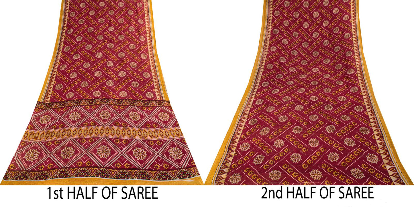 Vintage Saree Red 100% Pure Cotton Floral Printed 5 Yard Craft Fabric Indian Sari