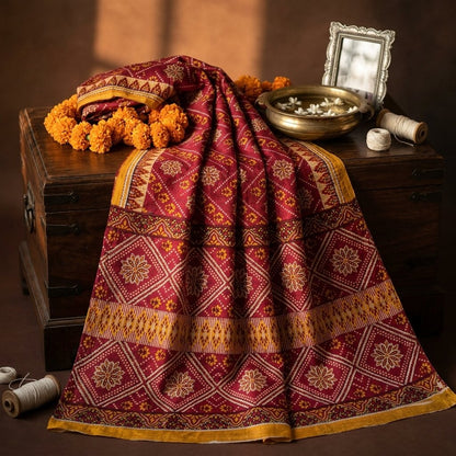 Vintage Saree Red 100% Pure Cotton Floral Printed 5 Yard Craft Fabric Indian Sari