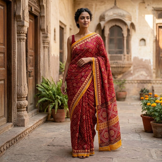 Vintage Saree Red 100% Pure Cotton Floral Printed 5 Yard Craft Fabric Indian Sari