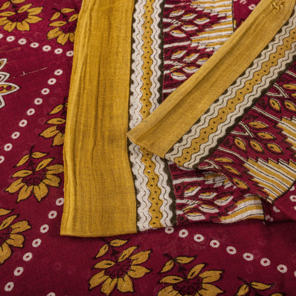 Vintage Saree Red 100% Pure Cotton Floral Printed 5 Yard Craft Fabric Indian Sari