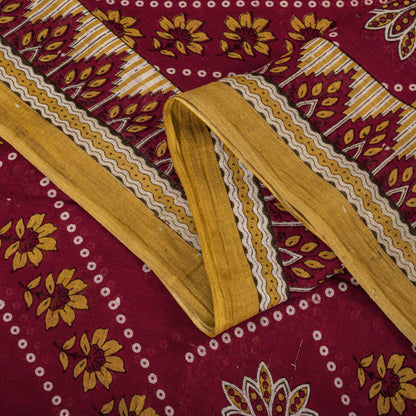 Vintage Saree Red 100% Pure Cotton Floral Printed 5 Yard Craft Fabric Indian Sari