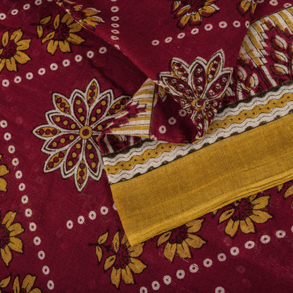 Vintage Saree Red 100% Pure Cotton Floral Printed 5 Yard Craft Fabric Indian Sari