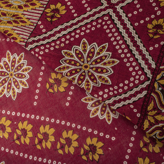 Vintage Saree Red 100% Pure Cotton Floral Printed 5 Yard Craft Fabric Indian Sari