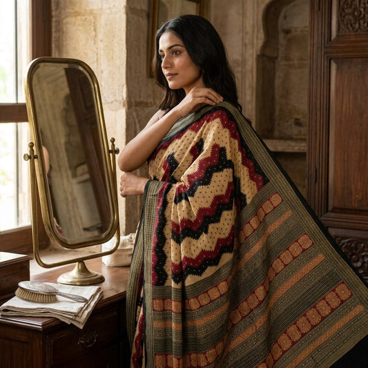 Sanskriti Vintage Saree Muliticolor 100% Pure Cotton Ajrakh-Ikat Printed Fabric 5.5+Yard Craft Sari