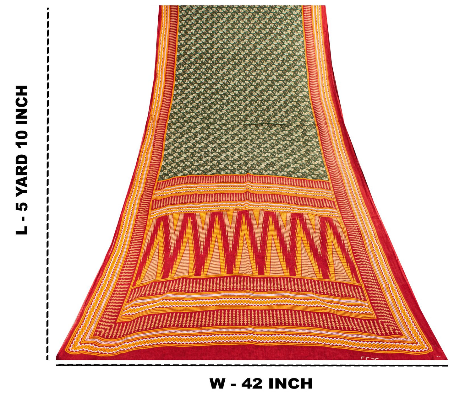 Sanskriti Vintage Saree Green-Red Pure Cotton Floral Print Craft Fabric 5YD Sari