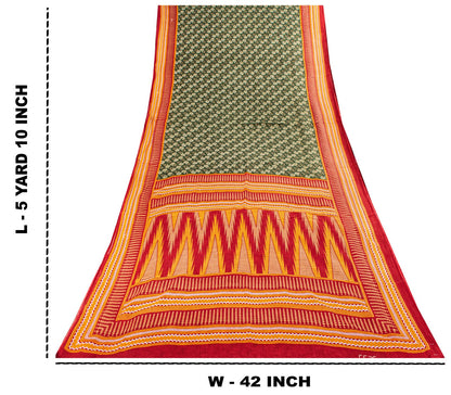 Sanskriti Vintage Saree Green-Red Pure Cotton Floral Print Craft Fabric 5YD Sari