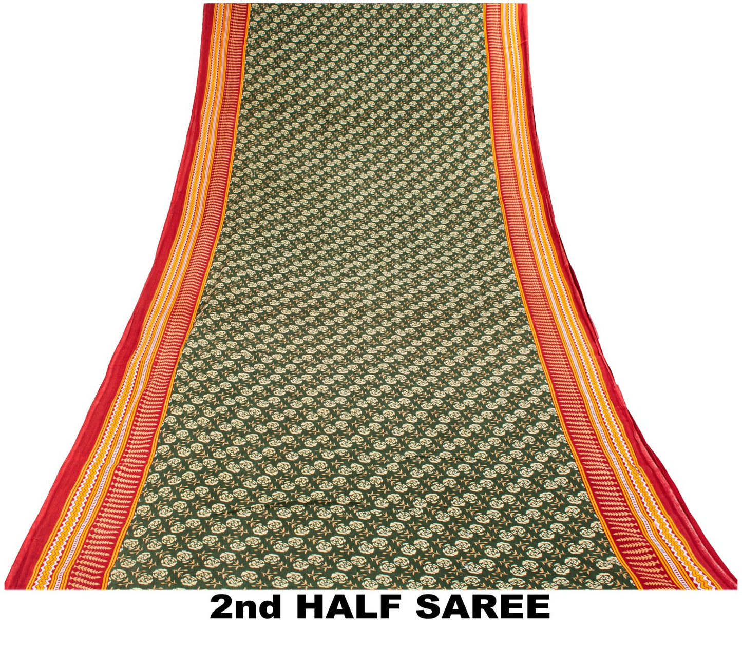 Sanskriti Vintage Saree Green-Red Pure Cotton Floral Print Craft Fabric 5YD Sari