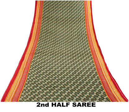 Sanskriti Vintage Saree Green-Red Pure Cotton Floral Print Craft Fabric 5YD Sari