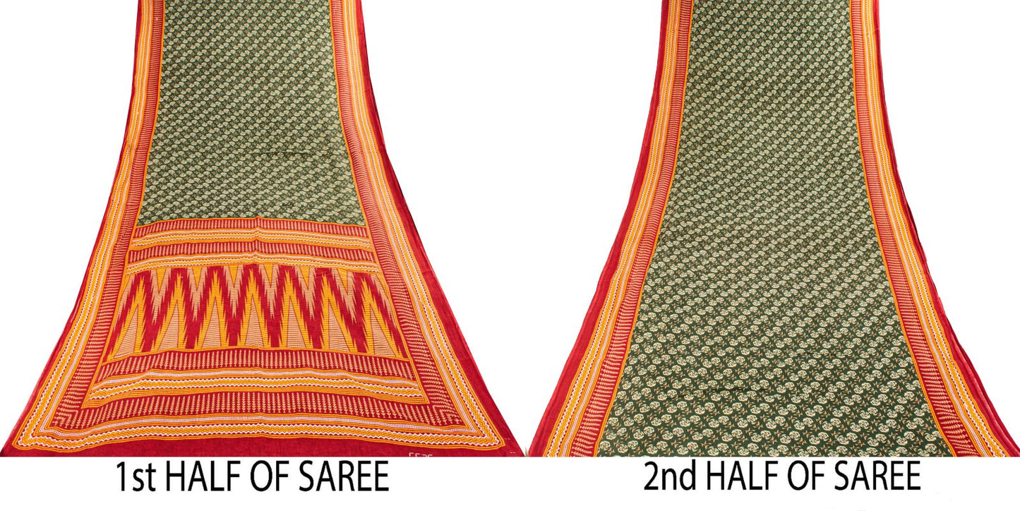 Sanskriti Vintage Saree Green-Red Pure Cotton Floral Print Craft Fabric 5YD Sari