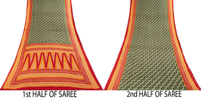 Sanskriti Vintage Saree Green-Red Pure Cotton Floral Print Craft Fabric 5YD Sari