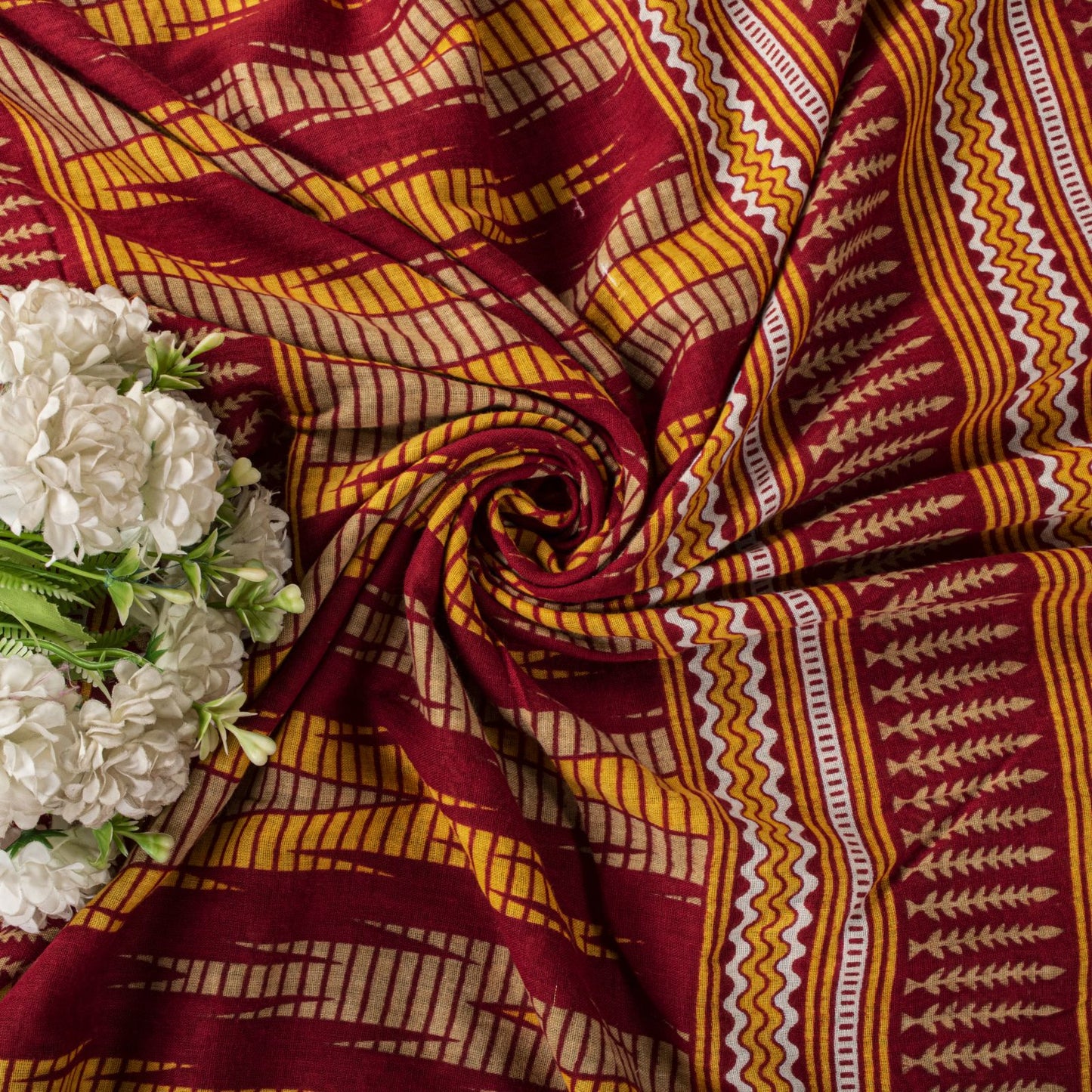 Sanskriti Vintage Saree Green-Red Pure Cotton Floral Print Craft Fabric 5YD Sari