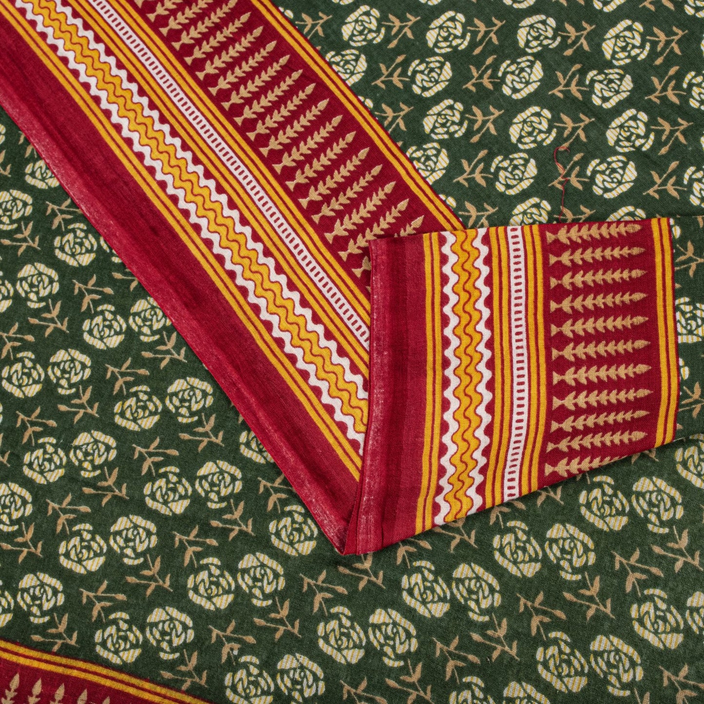 Sanskriti Vintage Saree Green-Red Pure Cotton Floral Print Craft Fabric 5YD Sari