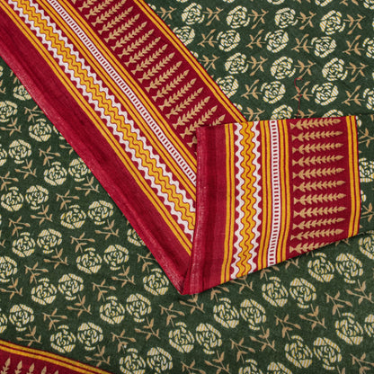 Sanskriti Vintage Saree Green-Red Pure Cotton Floral Print Craft Fabric 5YD Sari