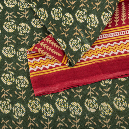 Sanskriti Vintage Saree Green-Red Pure Cotton Floral Print Craft Fabric 5YD Sari