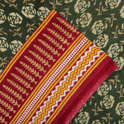 Sanskriti Vintage Saree Green-Red Pure Cotton Floral Print Craft Fabric 5YD Sari