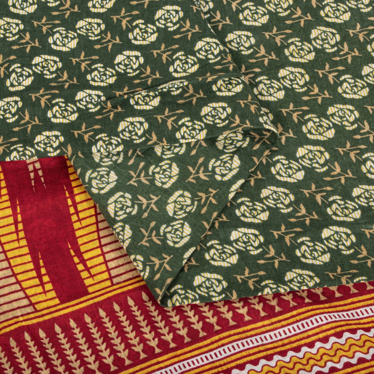 Sanskriti Vintage Saree Green-Red Pure Cotton Floral Print Craft Fabric 5YD Sari