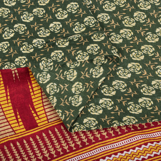 Sanskriti Vintage Saree Green-Red Pure Cotton Floral Print Craft Fabric 5YD Sari