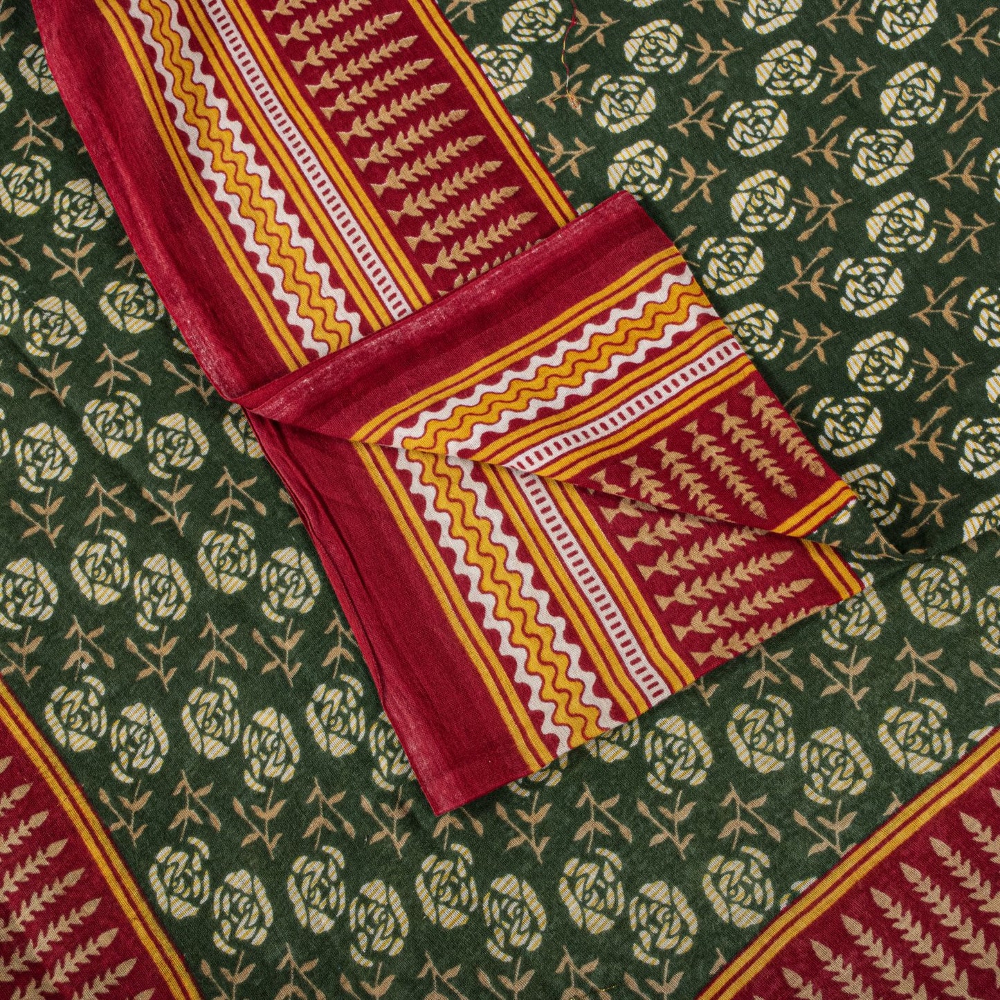 Sanskriti Vintage Saree Green-Red Pure Cotton Floral Print Craft Fabric 5YD Sari