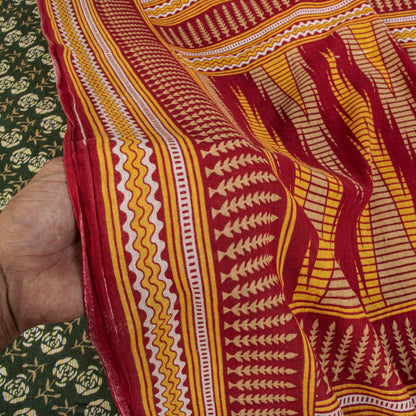 Sanskriti Vintage Saree Green-Red Pure Cotton Floral Print Craft Fabric 5YD Sari