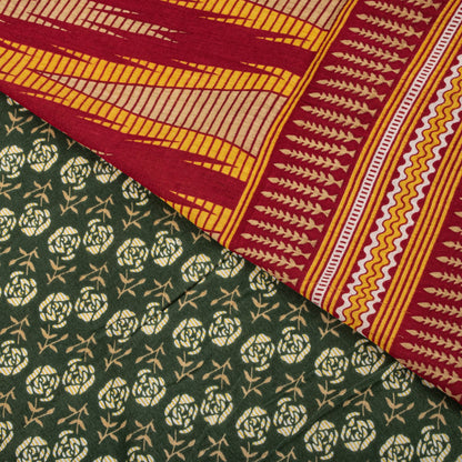 Sanskriti Vintage Saree Green-Red Pure Cotton Floral Print Craft Fabric 5YD Sari