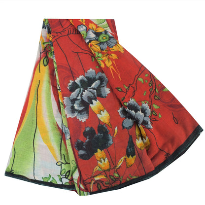 Sanskriti Vintage Sarees Red 100% Pure Cotton Printed Sari 5yd Craft Sustainable Fabric