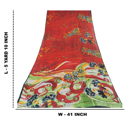 Sanskriti Vintage Sarees Red 100% Pure Cotton Printed Sari 5yd Craft Sustainable Fabric