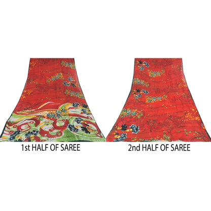 Sanskriti Vintage Sarees Red 100% Pure Cotton Printed Sari 5yd Craft Sustainable Fabric
