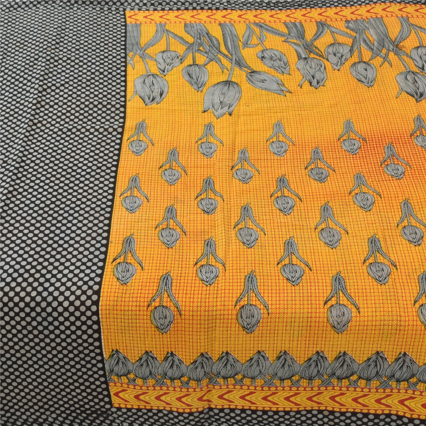 Sanskriti Vintage Sarees Yellow/Black Pure Cotton Printed Sari 5yd Craft Sustainable Fabric
