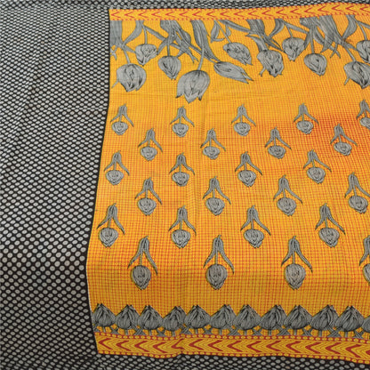 Sanskriti Vintage Sarees Yellow/Black Pure Cotton Printed Sari 5yd Craft Sustainable Fabric