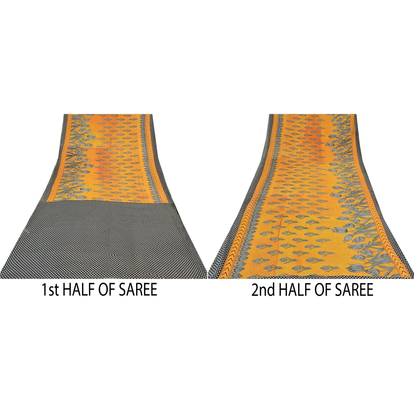 Sanskriti Vintage Sarees Yellow/Black Pure Cotton Printed Sari 5yd Craft Sustainable Fabric