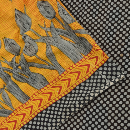Sanskriti Vintage Sarees Yellow/Black Pure Cotton Printed Sari 5yd Craft Sustainable Fabric