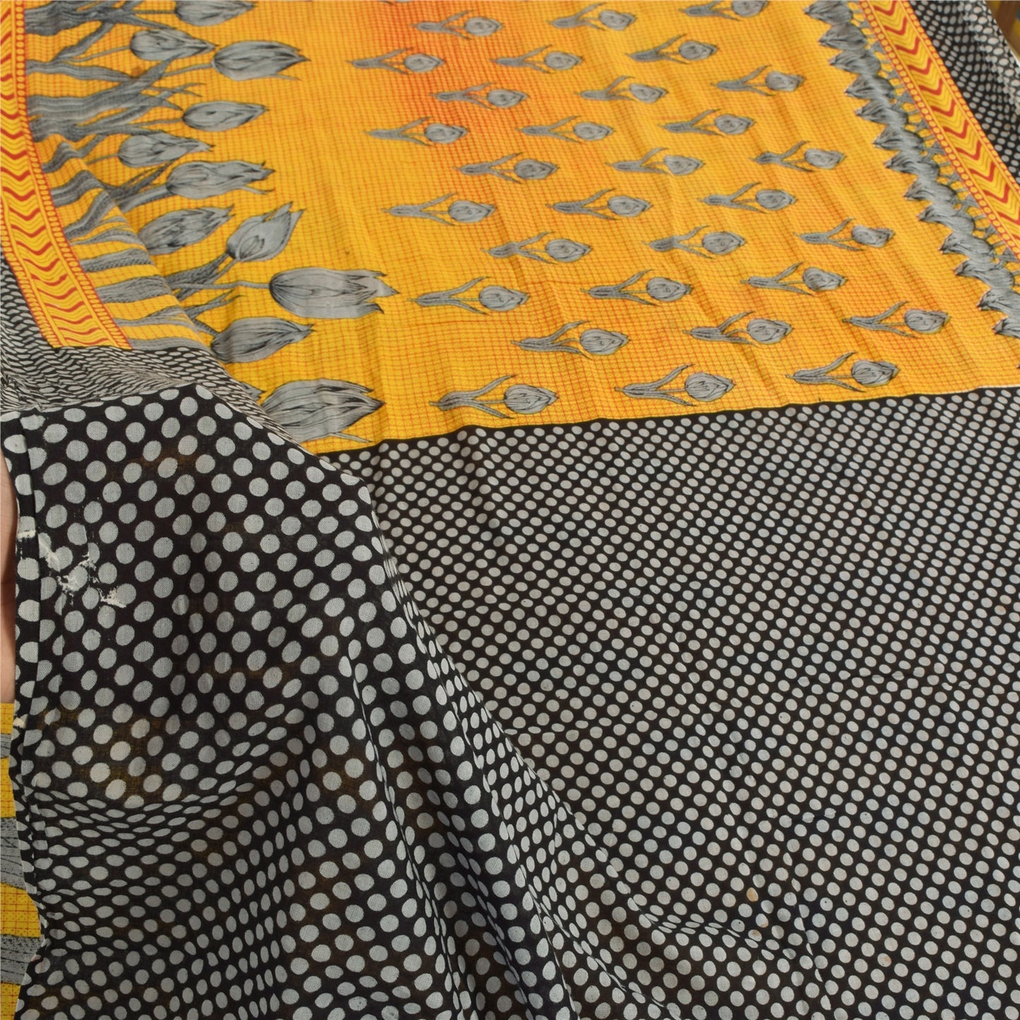 Sanskriti Vintage Sarees Yellow/Black Pure Cotton Printed Sari 5yd Craft Sustainable Fabric