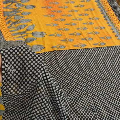 Sanskriti Vintage Sarees Yellow/Black Pure Cotton Printed Sari 5yd Craft Sustainable Fabric