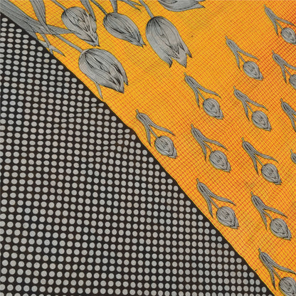 Sanskriti Vintage Sarees Yellow/Black Pure Cotton Printed Sari 5yd Craft Sustainable Fabric