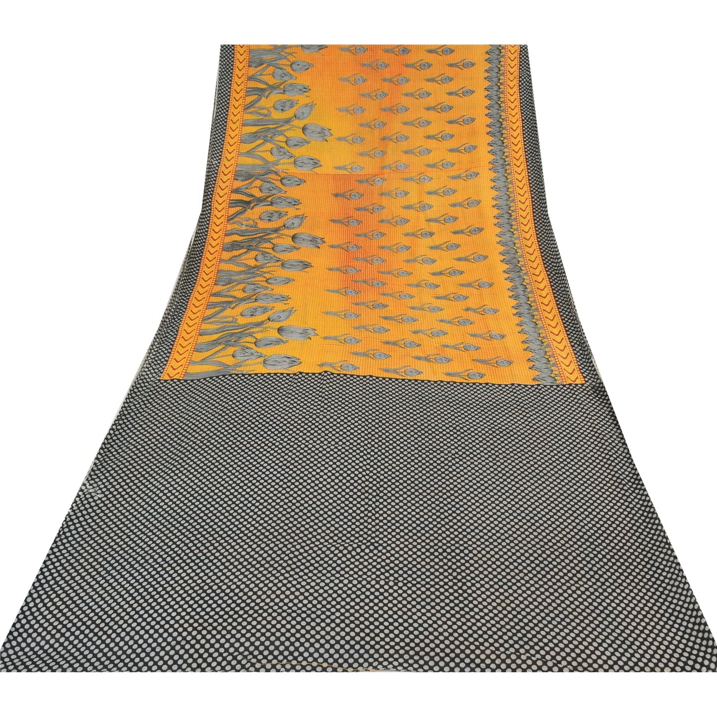 Sanskriti Vintage Sarees Yellow/Black Pure Cotton Printed Sari 5yd Craft Sustainable Fabric