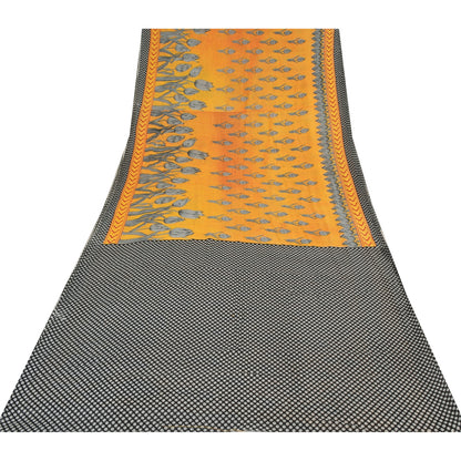Sanskriti Vintage Sarees Yellow/Black Pure Cotton Printed Sari 5yd Craft Sustainable Fabric