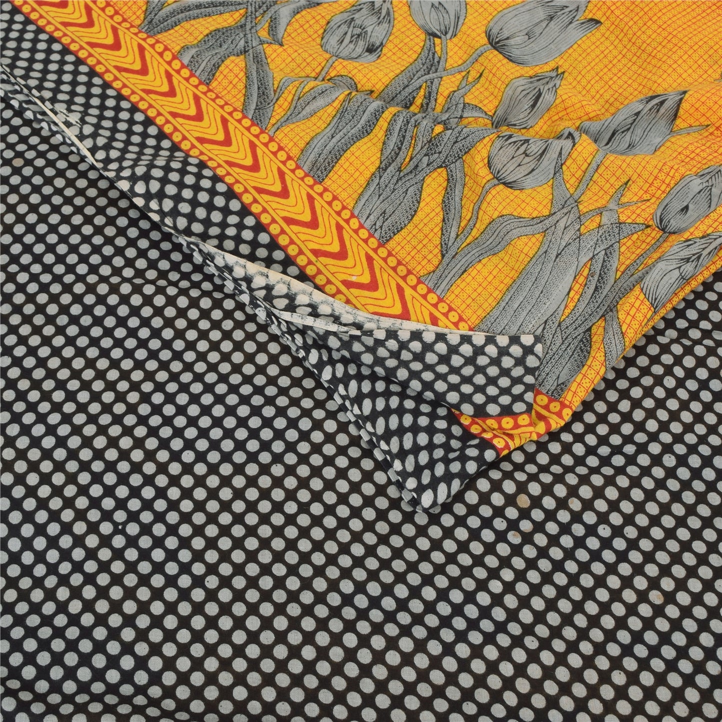 Sanskriti Vintage Sarees Yellow/Black Pure Cotton Printed Sari 5yd Craft Sustainable Fabric