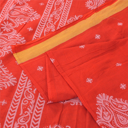 Sanskriti Vintage Sarees From India Red Pure Cotton Print Sari 5yd Craft Sustainable Fabric