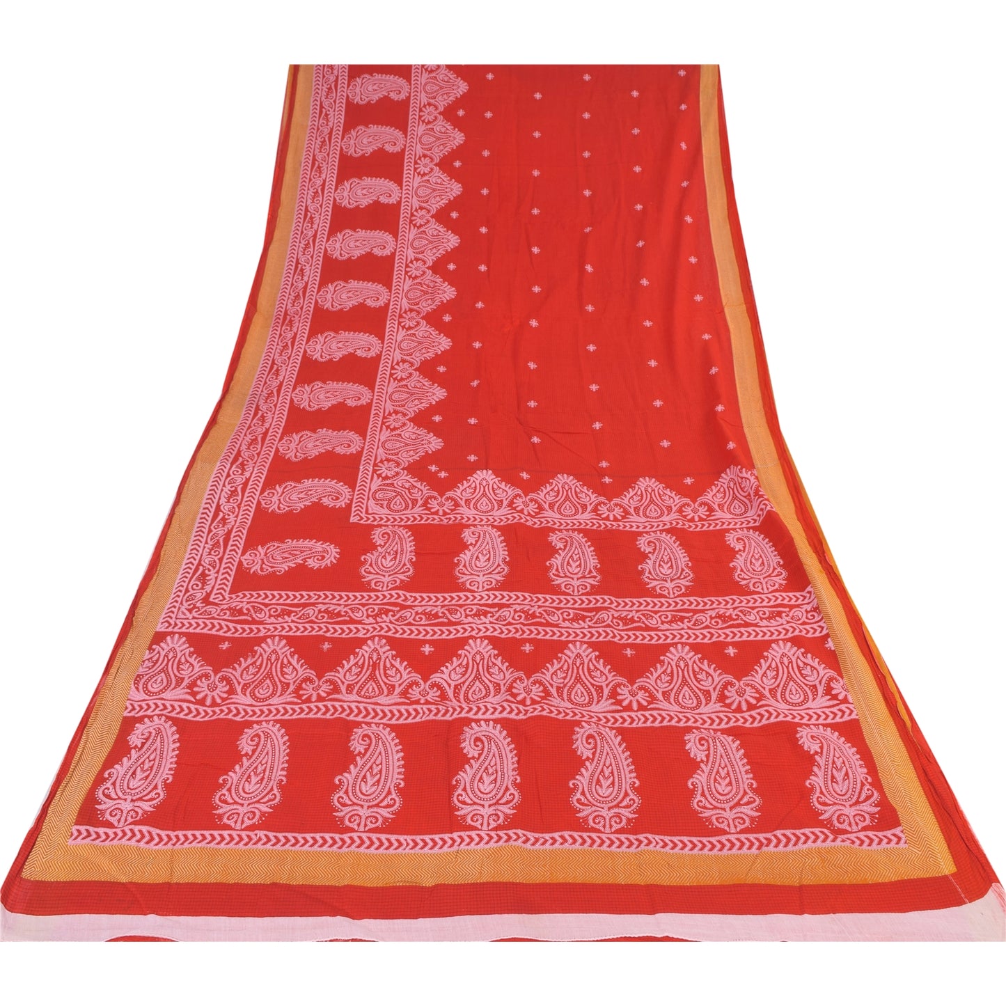Sanskriti Vintage Sarees From India Red Pure Cotton Print Sari 5yd Craft Sustainable Fabric
