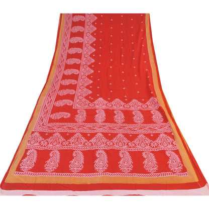 Sanskriti Vintage Sarees From India Red Pure Cotton Print Sari 5yd Craft Sustainable Fabric