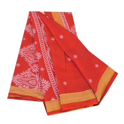 Sanskriti Vintage Sarees From India Red Pure Cotton Print Sari 5yd Craft Sustainable Fabric